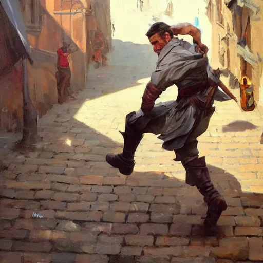 Prompt: greg manchess portrait of a man falling over a sword stuck between cobblestones, profile picture, organic painting, sunny day, matte painting, bold shapes, hard edges, street art, trending on artstation, by huang guangjian, gil elvgren, ruan jia, randy vargas, greg rutkowski