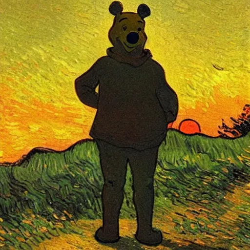 Prompt: winnie the pooh standing on a hill with sunset in background, oil painting, art by vincent van gogh