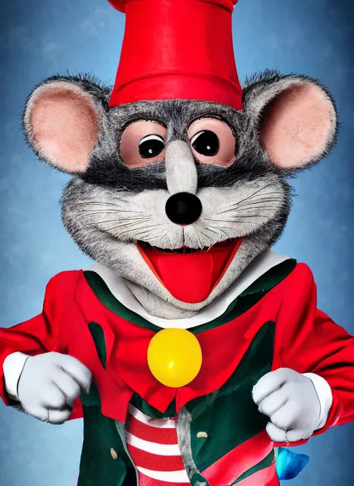 Image similar to Chuck E. Cheese mascot high quality 2013 circus portrait of an anthropomorphic rat animatronic dressed like a clown, professional portrait, Chuck E. Cheese head, authentic, mouse character, costume weird creepy, off putting, nightmare fuel, Chuck E. Cheese, abandoned building,