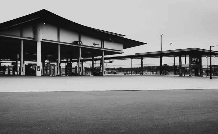 Image similar to exterior of the port byron travel plaza bus station in upstate buffalo new york, moody scene directed by charlie kaufman ( 2 0 0 1 ), anamorphic lenses, kodak color film stock, foggy volumetric light morning, cinematic trending on artstation