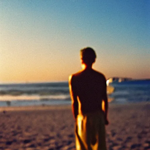 Prompt: close - up portrait of a men at the beach, zoomed, sharp focus, sunset, film still, analog film, 3 5 mm, disposable camera