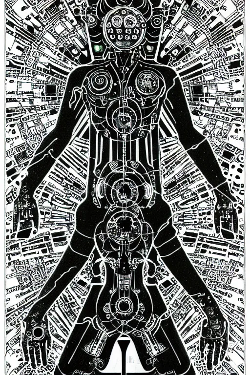 Image similar to a black and white drawing of awakened chakra android cyberpunk being, bioluminescence, a detailed mixed media collage by eduardo paolozzi and ernst haeckel, intricate linework, sketchbook psychedelic doodle comic drawing, geometric, deconstructivism, matte drawing, academic art, constructivism