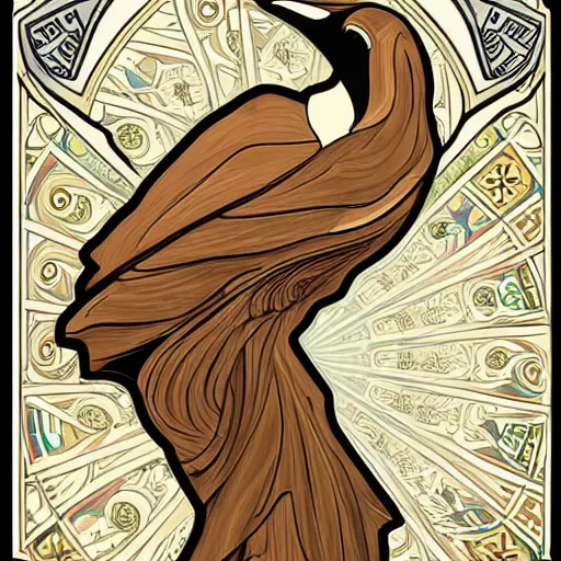 Image similar to wood penguin in the style of alphonse mucha