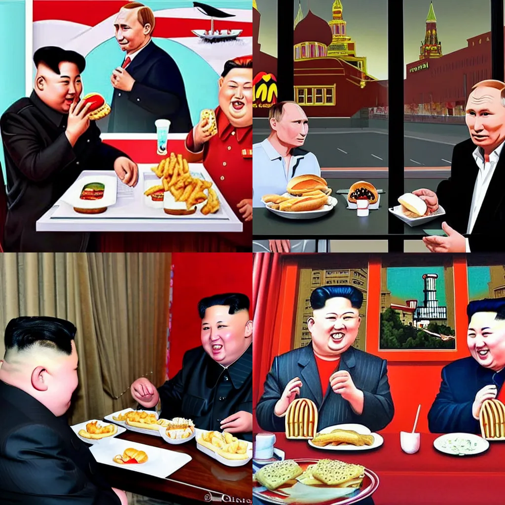 Prompt: kim jong un and putin eating mcdonalds hamburgers in a chique restaurant in moscow, window in the background, modern, surreal art, high detail