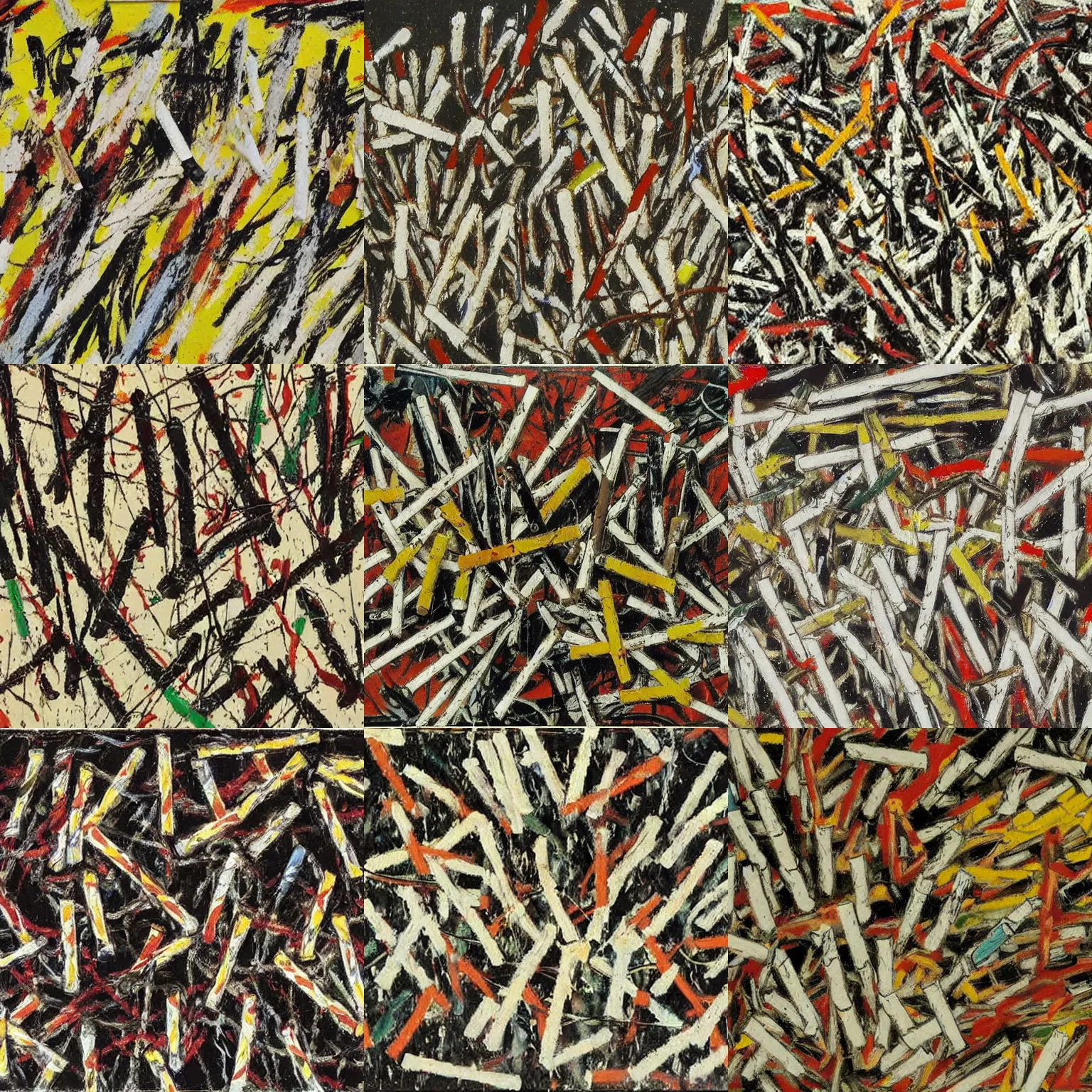 Prompt: Jackson Pollock painting of a pack of cigarettes, highly detailed, realistic