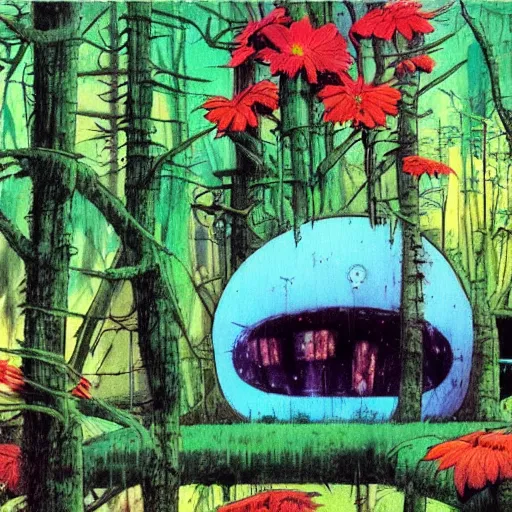 Image similar to A pod home in the forest, bright colors, bloom, cool colors, moody, by Dave mckean and studio ghibli