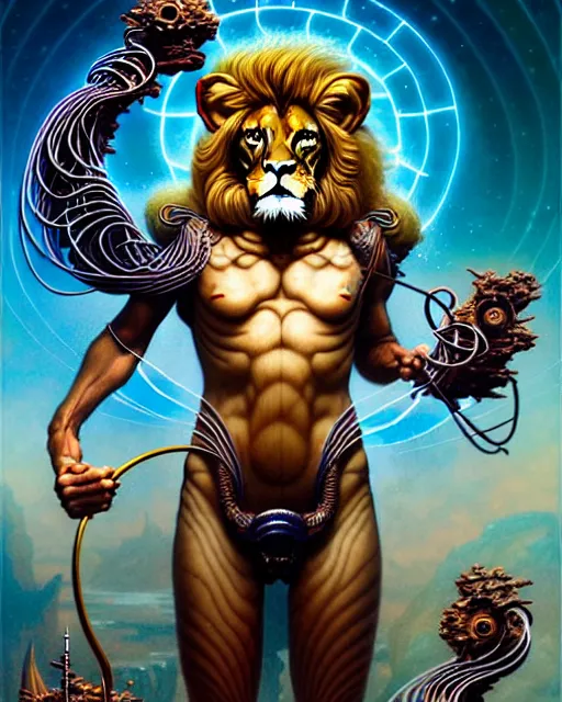 Image similar to a person and a lion tarot card, fantasy character portrait made of fractals, ultra realistic, wide angle, intricate details, the fifth element artifacts, highly detailed by peter mohrbacher, hajime sorayama, wayne barlowe, boris vallejo, aaron horkey, gaston bussiere, craig mullins