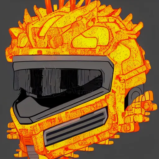 Image similar to helmet lion cyberpunk made of yellow lava and fire in borderlands 3 style, profile portrait, digital illustration, vector art, drawing, mecha, epic size, epic scale, macro art