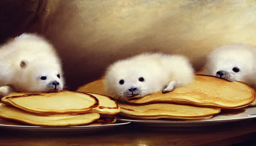 Image similar to highly detailed painting of cute furry white baby seals in a large pile of many pancakes on a table by william turner, by greg rutkowski, by william constable, thick brush strokes and visible paint layers, 4 k resolution