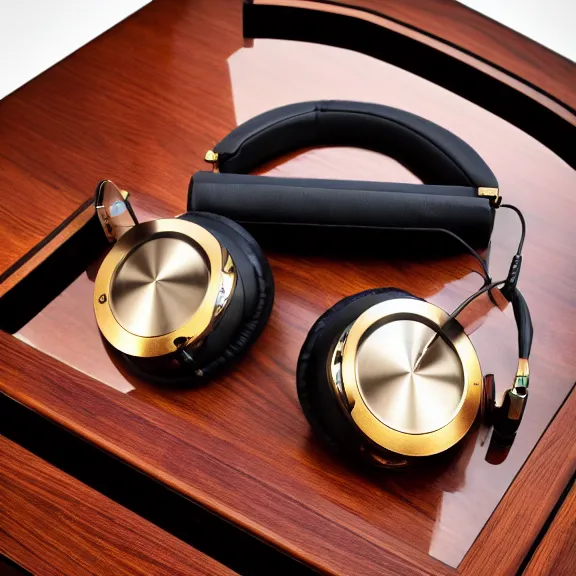 Image similar to masterpiece photo of beautiful crafted retro bismuth headphones in a silk padded leather case, gold metal, bismuth cups, leather padding, displayed on mahogany desk, modernist headphones, wood headphones beautiful well designed, hyperrealistic, audiophile, intricate hyper detail, extreme high quality, photographic, meze audio, sennheiser, hifiman, artstation