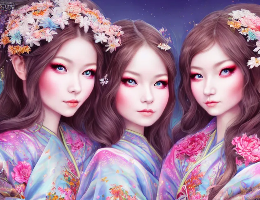 Image similar to two beautiful fashion siberian girls wear fantasy kimono in festival | | big eyes, sunny, dreamlike art, realistic shaded, smile, good looking, hyper details, 4 k realistic, cryengine, realistic shaded lighting poster by artgerm, ross tran, fuji choko, loish, 8 k resolution, trending on artstation, luxury