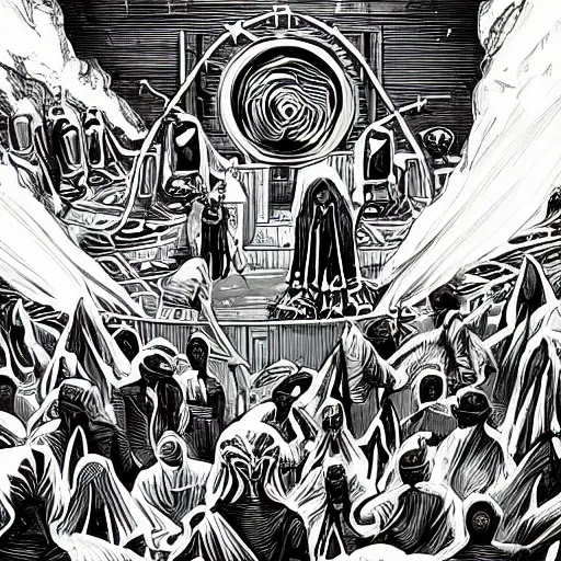 Prompt: cultist ritual in a crowded alien temple, dark vintage sci fi, illustration
