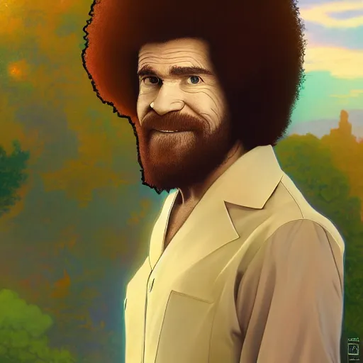 Prompt: a portrait of a Bob Ross , fantasy, David production, anime, HDR, natural light, shoulder level shot, dynamic pose, award winning photograph, Mucha style 4k,