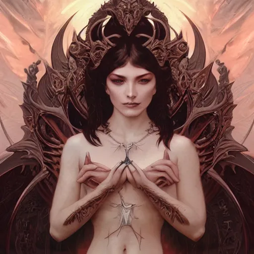 Image similar to portrait of a destruction goddess, intricate chaos, evil, elegant, highly detailed, death, digital painting, satan, artstation, lucifer, concept art, smooth, sharp focus, illustration, art by artgerm and greg rutkowski and nekro borja and mucha and william - adolphe bouguereau