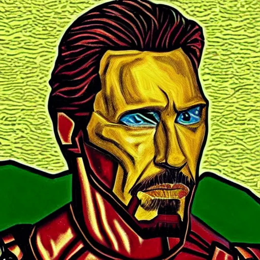 Image similar to roger waters as iron man close up portrait in the style of van gogh