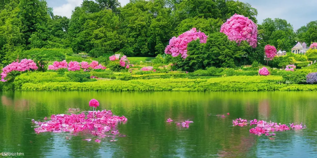 Image similar to summer manor with peony flowers and lake, bokeh