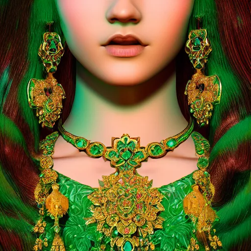 Prompt: photo of wonderful princess of emerald with fair skin, innocent, glowing, ornate and intricate green jewelry, jaw dropping beauty, eyepopping colors, dynamic lighting, intricate and detailed, 4 k octane render