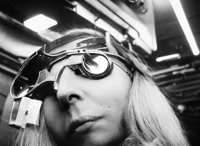 Prompt: close - up portrait of a beautiful woman wearing a choker and welding goggles, in a subway, richard avedon, tri - x pan