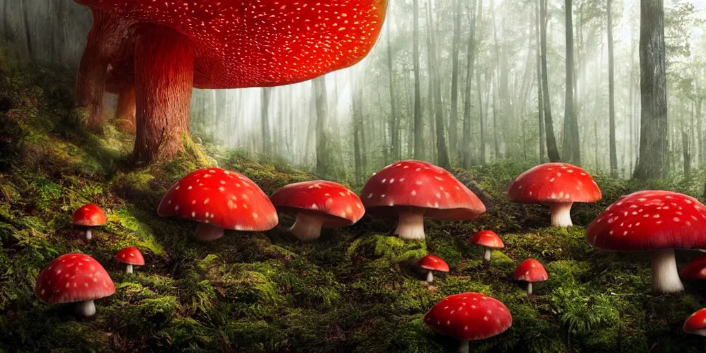 Prompt: Photo by Filip Hodas of the cinematic view of the Forest of the Giants, various giant mushrooms, some little mushrooms on the floor, only 3 very big red mushroom with white spots in second photo plan, photorealism, a few sun ray of lights falling with dust, def of field, photo taken with canon 5D