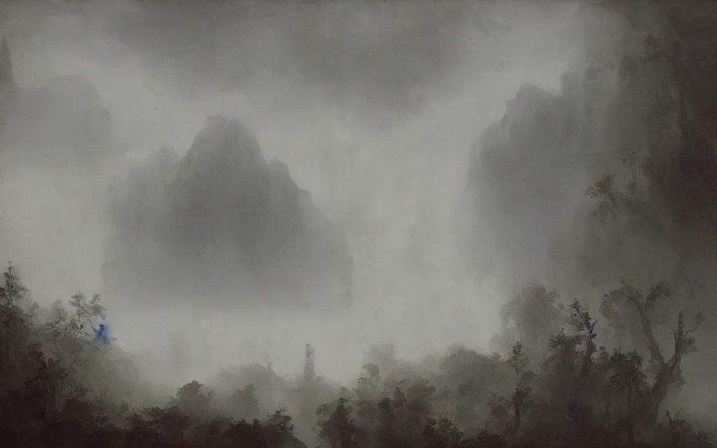 Image similar to the sleeping old giant submerged in shadow and mist overgrown garden (melancholy), exquisite painting, moody colors