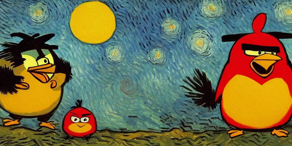 Image similar to An oil painting of the angry birds, by Van Gogh