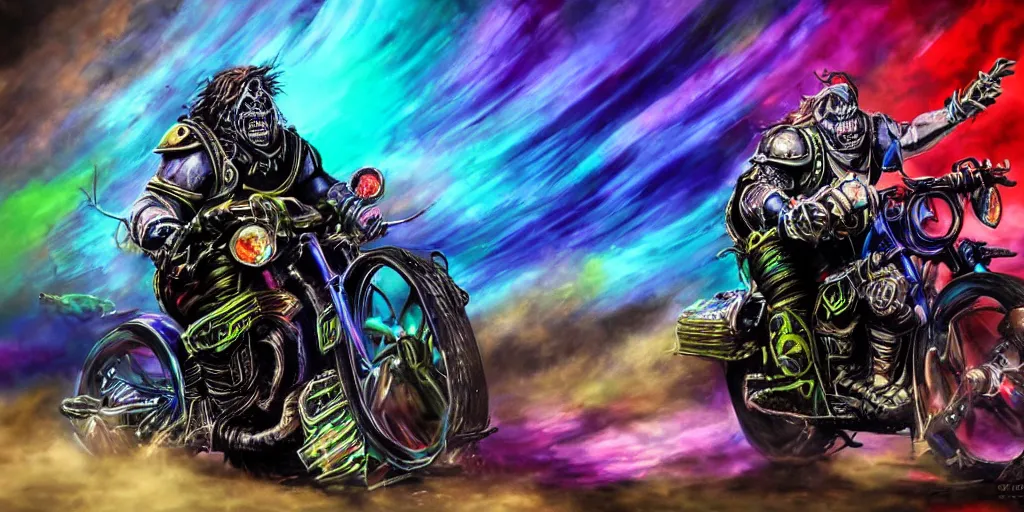 Prompt: psychedelic blacklight airbrush artwork, motorcycles, hyper stylized action shot of orcs in battle armor racing on motorcycles, menacing orcs, drifting, skidding, wheelie, clear focused details, soft airbrushed artwork, black background, post - apocalypse, cgsociety, artstation