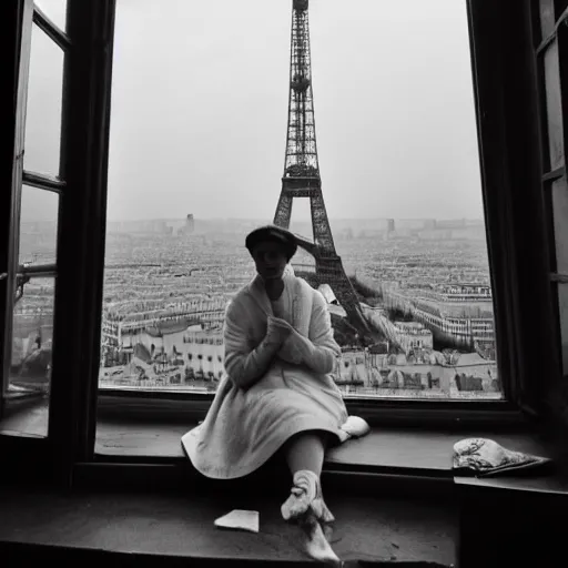 Image similar to a young edwardian woman sits in a window overlooking paris with the eiffel tower visible in the background, the moon is behind the eiffel tower, it's nighttime