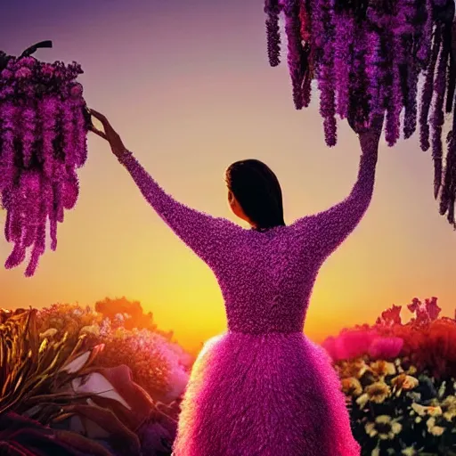 Image similar to A world of various flowers and plants, in which there is a figure of a human, dressed in something magical and impressive, inside this clothes infinity is all in sunset light