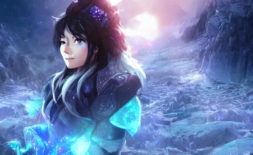 Prompt: beautiful Himalayan sci-fi princess with purple cat-eyes, silver and black hair split, glowing crystals on the ground, somber, scene of a blizzard on the mountain overlooking a futuristic village, 8k hdr pixiv dslr photo by Makoto Shinkai and Wojtek Fus, 3d realisitc anime, final fantasy 14 style