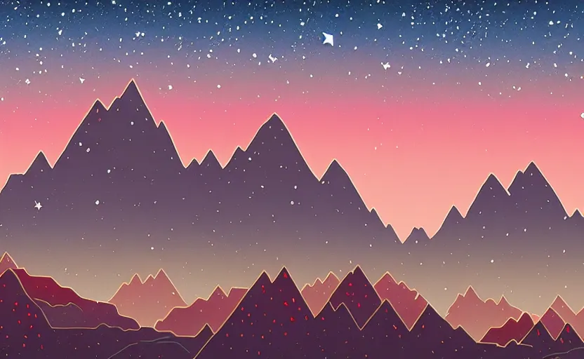 Prompt: mountains, stars and paisley filled sky, artstation, intricate, highly detailed, digital painting, concept art, sharp focus, illustration by Tom Whalen and James Gilleard