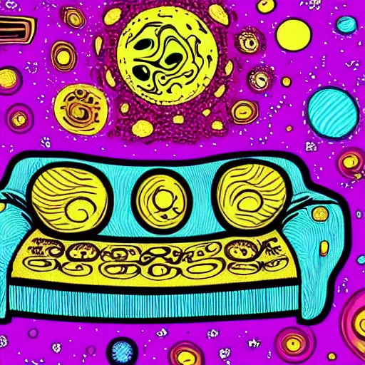 Image similar to psychedelic trippy couch in space, planets, milky way, sofa, cartoon