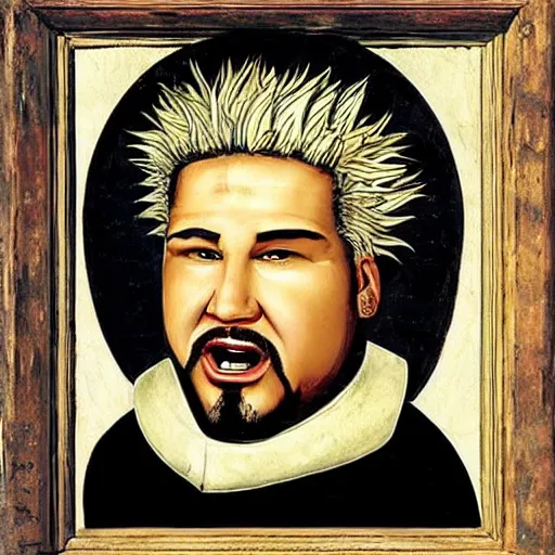 Prompt: Renaissance painting of Guy Fieri the medieval knight, framed gallery artwork of the 15th and 16th Centuries,