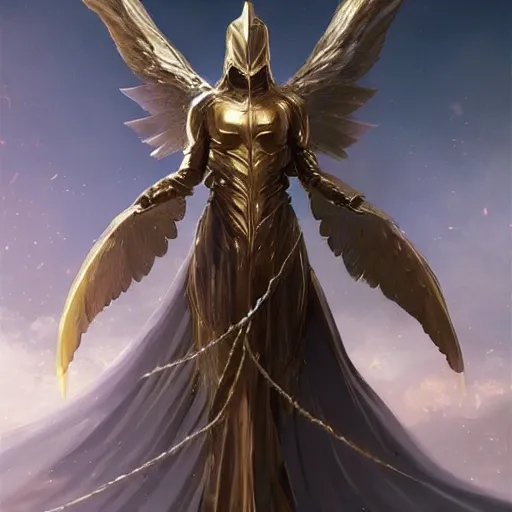 Image similar to golden armored angel, wings made of light, metal halo, no face, hooded, gold, fantasy, concept art, detailed realistic, character art by greg rutkowski and artgerm