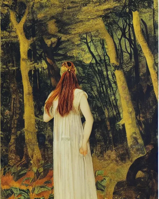 Image similar to a young woman wearing a white dress encounters the great god pan in a forest clearing, 1 9 7 0 s, seventies, wallpaper, delicate embellishments, painterly, offset printing technique, by brom, robert henri, walter popp