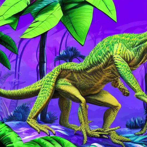 Prompt: Concept art of a reptilian raptor-like alien creature, surrounded by a lush alien jungle with purple flora, digital art, artist unknown