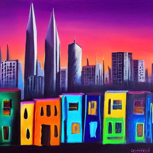 Image similar to sharp edged realistic painting of a city skyline with colorful buildings and a dark night black sky in the background