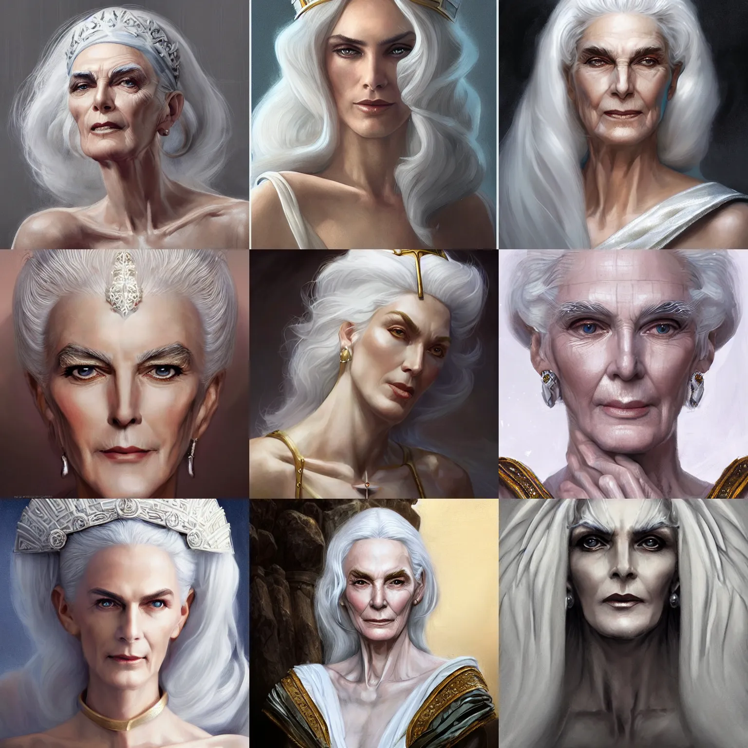 Image similar to elderly greek goddess, queen, white hair, white tunic, carmen dell ’ orefice, regal, art by artgerm and greg rutkowski and magali villeneuve, d & d, fantasy, portrait, highly detailed, digital painting, trending on artstation, concept art, sharp focus, illustration