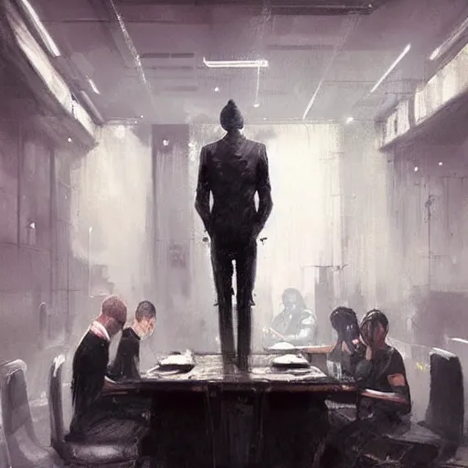 Prompt: concept art by greg rutkowski, a very tall, and slender man with short black hair, sitting with the crew in the ship's dining room, brutalist futuristic interior, dark lighting atmosphere, detailed portraits, nostalgic atmosphere, scifi, digital painting, artstation, concept art, smooth, sharp foccus ilustration, artstation hq