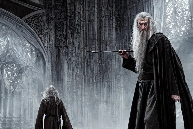 Image similar to jude law as gandalf stood outside orthanc, style of h. r. giger, directed by david fincher, muted tones, detailed