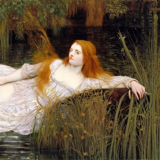 Prompt: breathtaking masterpiece of art, elizabeth eleanor siddall as ophelia floating on the water fully clothed in flowing medieval clothes amongst the reeds by william holman hunt and rosetti, 8 k