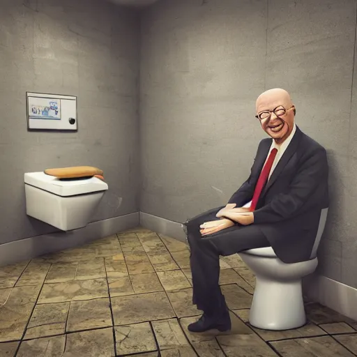 Image similar to Klaus Schwab with a surprised expression on his face, sitting on a toilet in a dirty public bathroom, graffiti on the stall walls, garbage on the ground, dimly lit, fish eye lens, high quality, artstation
