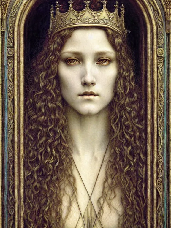 Image similar to detailed realistic beautiful young medieval queen face portrait by jean delville, gustave dore and marco mazzoni, art nouveau, symbolist, visionary, gothic, pre - raphaelite. horizontal symmetry