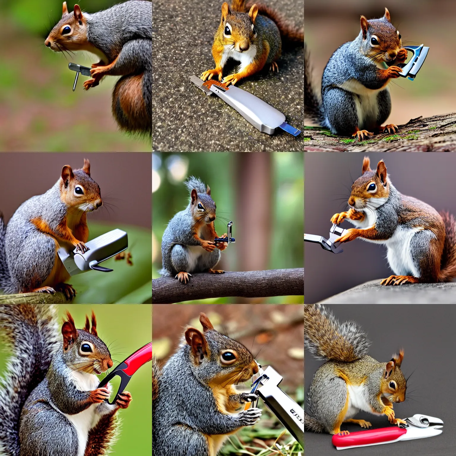 Prompt: squirrel using a nailclipper to clip its toenails