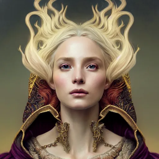 Image similar to portrait painting of a beautiful and regal blonde lady wearing a feathered cloak and noble garments, ultra realistic, concept art, intricate details, eerie, highly detailed, photorealistic, octane render, 8 k, unreal engine. art by artgerm and greg rutkowski and charlie bowater and magali villeneuve and alphonse mucha