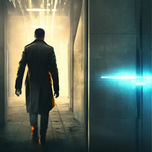 Prompt: Movie poster, cyberpunk, futuristic, technology, detective in trench coat looking away from the camera, cinematic lighting, depth of field, highly detailed