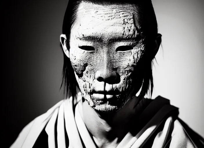 Prompt: mid shot portrait of samurai in meat packing factory, in the style of david cronenberg, scary, weird, high fashion, id magazine, vogue magazine, vogue magazine, surprising, freaky, freak show, realistic, sharp focus, 8 k high definition, film photography, photo realistic, insanely detailed, intricate, by david kostic and stanley lau and artgerm