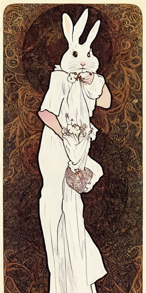 Prompt: a rabbit wearing a white dress in the style of mucha