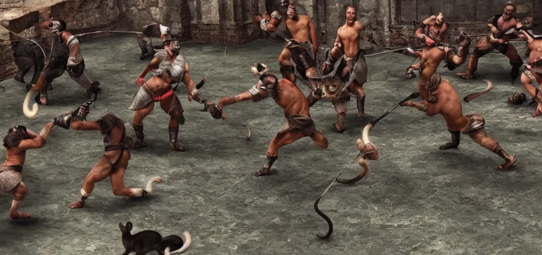 Image similar to rats vs cats as gladiators fighting in gladiator arena