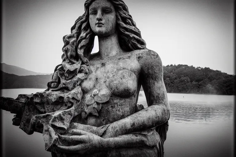 Prompt: masterpiece giant statue of a beautiful! antic goddess with long hair, scuplted by MichelAngelo, partly sunken! in the lake!, mist, lomography photo effect, monochrome, noise grain film, cl, large view