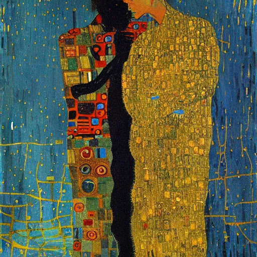 Image similar to artificial intelligence in love painting by van Gogh klimt Jean-Michel Basquiat